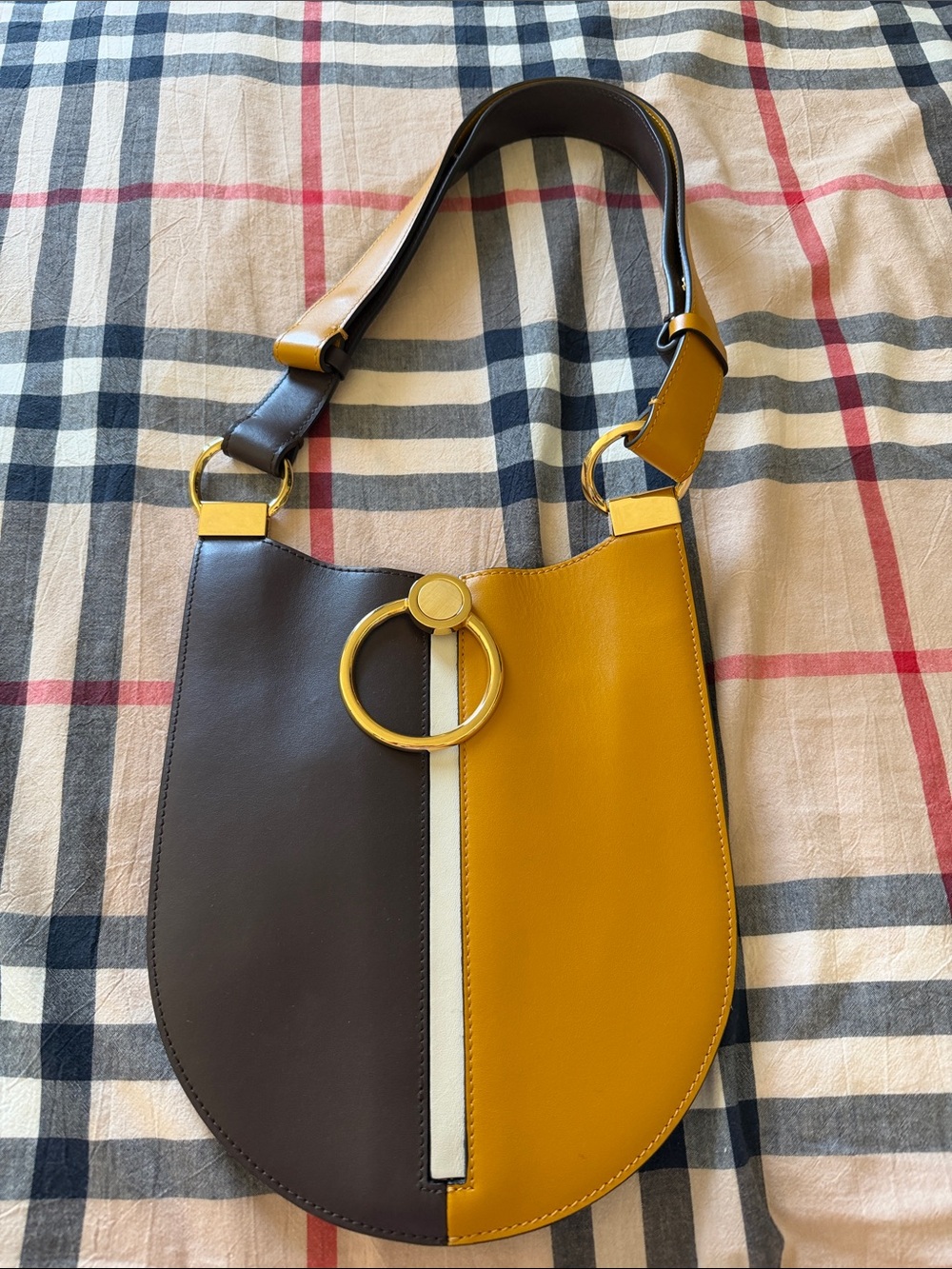 Marni Two-Tone Mustard and Dark Brown Leather Shoulder Bag with Gold Ring